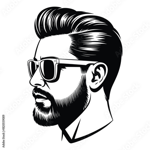 Stylish man with a modern haircut, beard, and sunglasses in a side profile view, depicted in a monochrome illustration isolated on