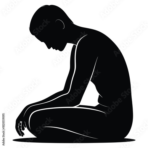 A black silhouette illustration of a person kneeling down with their head bowed in a gesture of humility, sorrow, or worship, isolated on