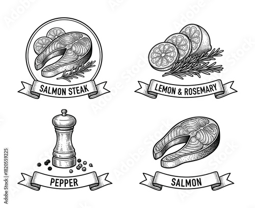 Hand drawn salmon steak lemon rosemary and pepper mill. Engraved salmon steak lemon rosemary.