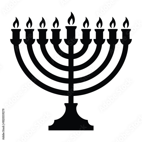 Black silhouette of a traditional hanukkah menorah with nine lit candles, symbolizing the festival of lights and jewish tradition, isolated on