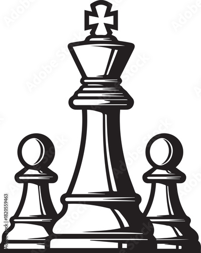 Black and White Chess King with Pawns chess pieces