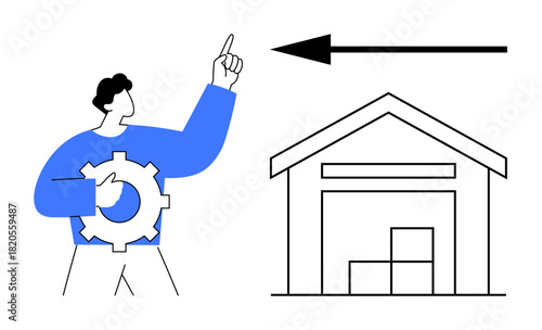 Warehouse logistics concept. Warehouse with packaged goods, worker pointing to logistics process with arrow and gear. Warehouse management, supply chain, shipping, delivery, automation