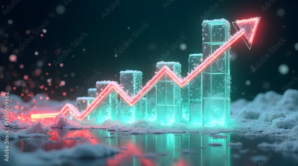 Obraz premium Futuristic winter-themed 3D stock chart glowing with icy neon colors, surrounded by snow particles, reflections, and cinematic high-tech atmosphere. AI Generated.