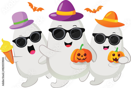 Three cartoon ghosts wearing hats and sunglasses enjoying halloween treats together high quality