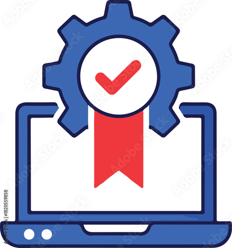 Laptop with Gear, Ribbon, and Checkmark Icon computer