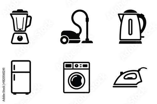 Icons for a blender, vacuum cleaner, kettle, refrigerator, washing machine, and iron.