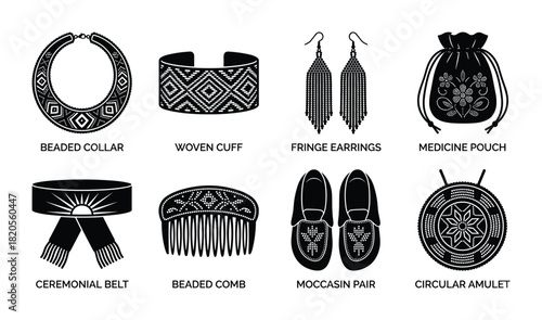 Indigenous beadwork and traditional accessories including beaded collar, woven cuff, fringe earrings, medicine pouch, ceremonial belt, beaded comb, moccasin pair, and circular amulet.