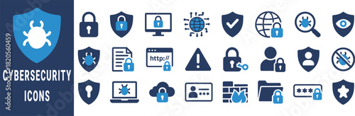 Cybersecurity icons with shields locks computer bug globe and data protection symbols technology