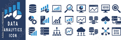 Data analytics icons with charts graphs databases and binary code vector
