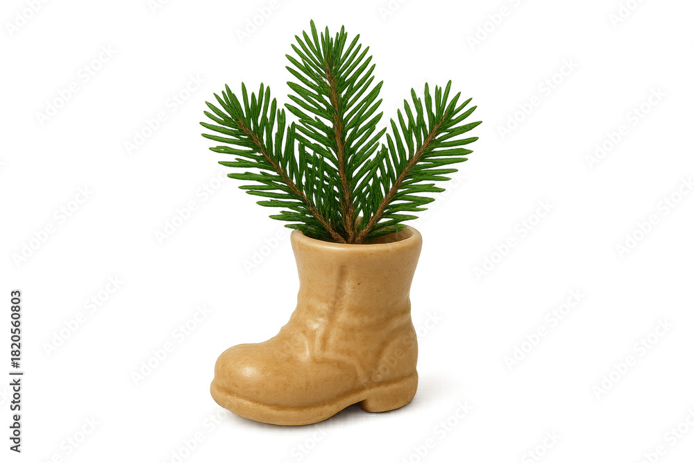 Fototapeta premium A small beige ceramic boot-shaped vase holding three fresh green fir branches for a minimalist Christmas decoration concept with a quirky and festive holiday mood