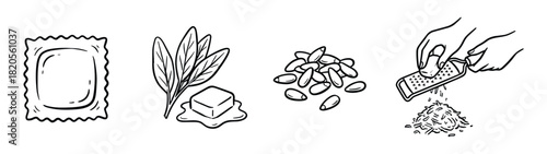 Italian food ingredients set. Ravioli, butter, sage, pine nuts, and grated cheese hand drawn sketch.
