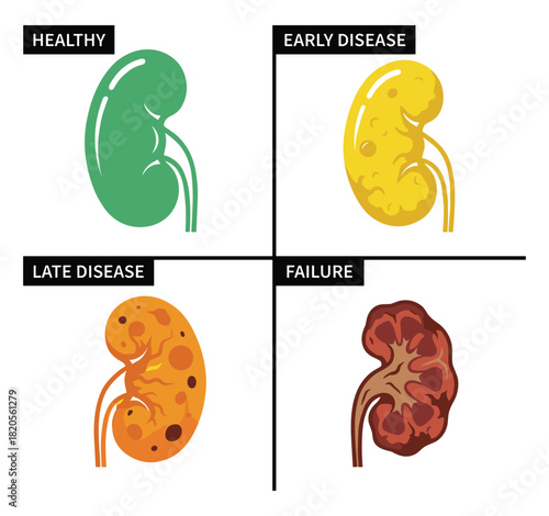 Kidney disease progression. Healthy organ. Early disease. Late stage illness. Renal failure condition.