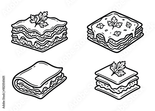 Lasagna set. Classic Italian dish with layers of pasta, sauce, and cheese hand drawn sketch.