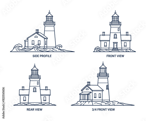 Lighthouse outline drawing. coastal landmark illustration. sea navigation structure blueprint.