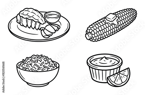 Line art food illustrations including lobster, corn on cob, rice bowl, dipping sauce with lemon