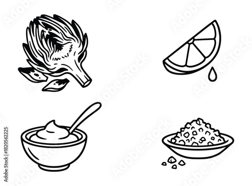 Mediterranean ingredients, artichoke, lemon slice, sauce, and rice for culinary design.
