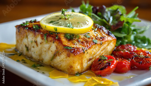 A delectable dish featuring a perfectly seared fish fillet topped with a vibrant lemon slice, accompanied by fresh greens and roasted tomatoes, all elegantly presented on a white plate, showcasing.