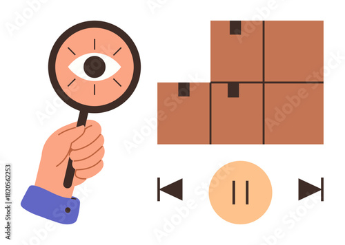 Hand holding magnifying glass with an eye, stacked boxes, and media controls. Ideal for inspection, logistics, data analysis, observation, quality control research metaphor. Simple flat metaphor