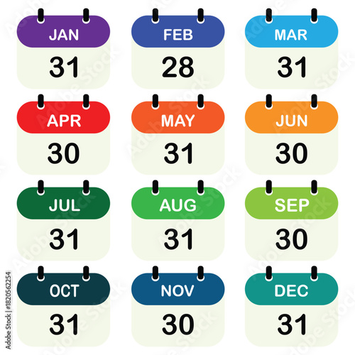 Month. January, february, march, april, may, juny, july, august, september, october, november, december. Monthly calender icon. Flat design vector illustration.	Eps 10
