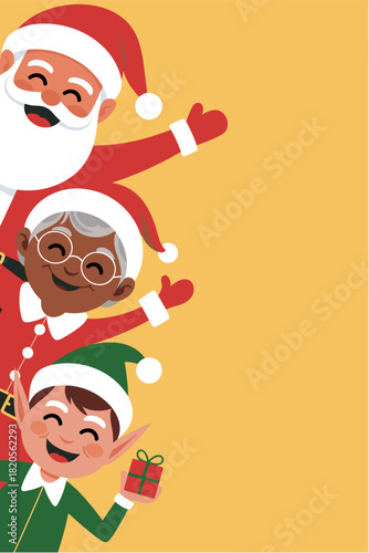 Santa Claus, black Mrs. Claus, and elf waving with gift picking from border on yellow background