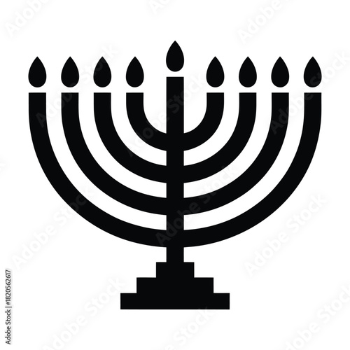 Black silhouette of a hanukkah menorah with nine lit candles, symbolizing the jewish festival of lights, isolated on