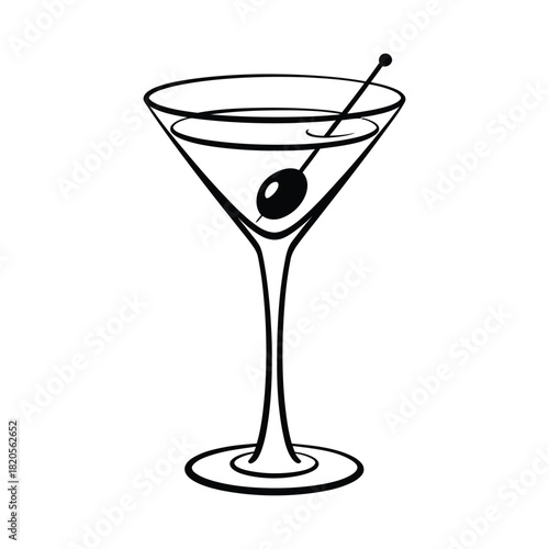 Classic martini cocktail in a stemmed glass with an olive on a skewer, depicted in a clean black and white line art style, isolated on