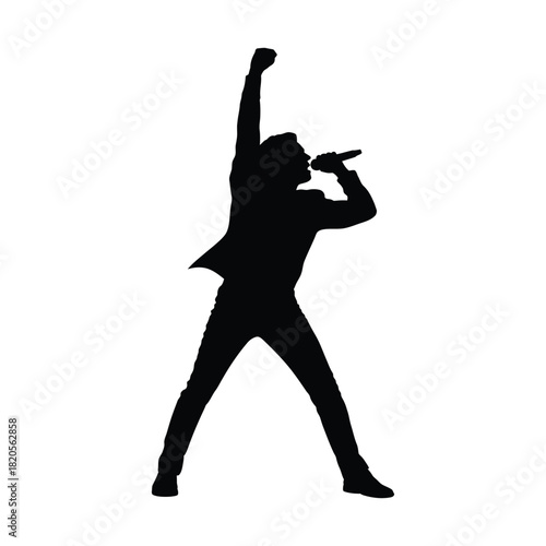 Dynamic black silhouette of a vocalist on stage, holding a mic and raising a fist in triumph, isolated on
