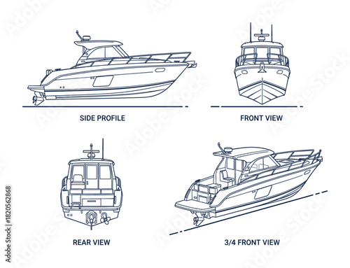 Modern yacht views. Speedboat blueprint. Marine vehicle. Nautical technical drawing.