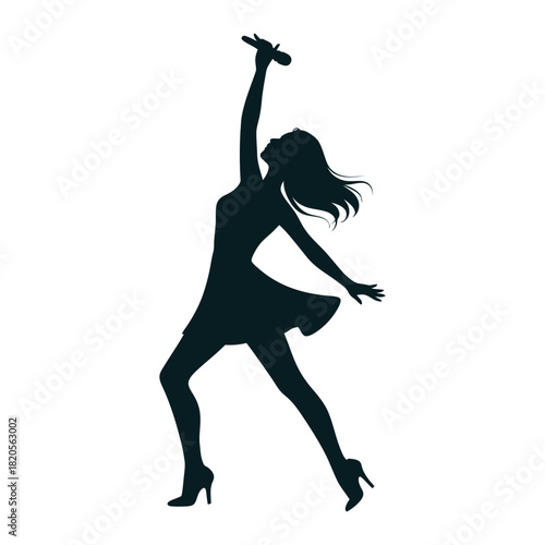 Dynamic silhouette of a woman singing into a microphone, capturing the energy of a live performance, isolated on