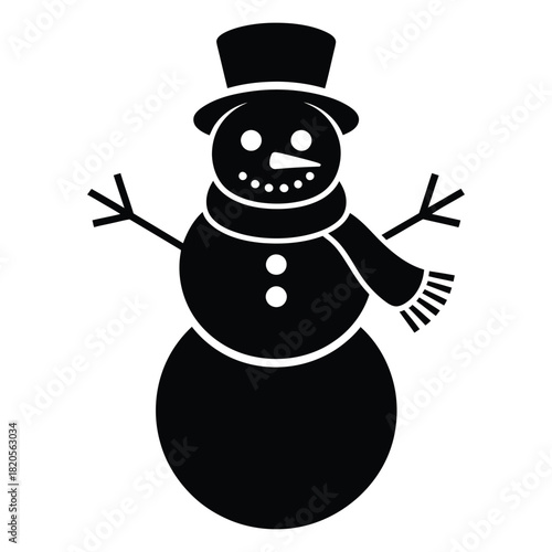 A classic black silhouette of a snowman wearing a top hat and scarf, with stick arms and a carrot nose, isolated on a