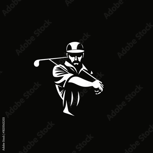 A stylized white silhouette of a golfer preparing to swing on a black background.