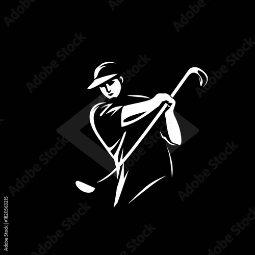 Stylized black and white illustration of a male golfer in mid-swing, ready to hit the ball, with a geometric background.