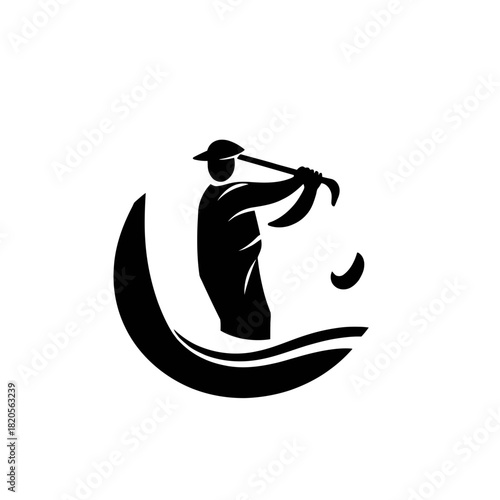 Silhouette of a golfer swinging a club with a ball in mid-air, set against a stylized wave and crescent moon.