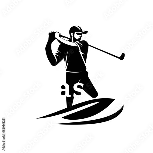 Silhouette of a golfer in mid-swing, with stylized waves or grass beneath him, rendered in black and white.