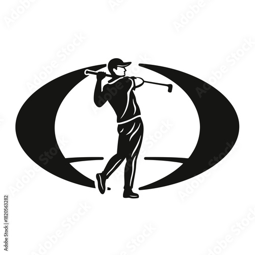 Monochrome image of a golfer swinging a club inside an oval shape, creating a logo.