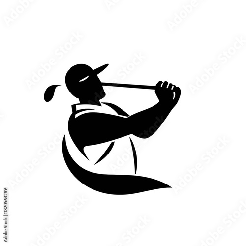 Silhouette of a golfer in mid-swing, captured in a dynamic black and white graphic.