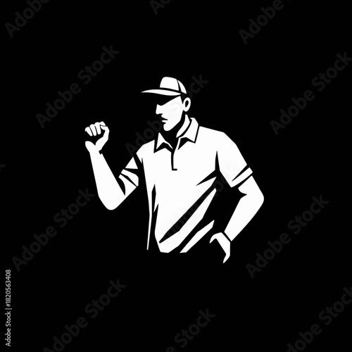 A stylized white silhouette of a man in a cap and polo shirt raising his fist.
