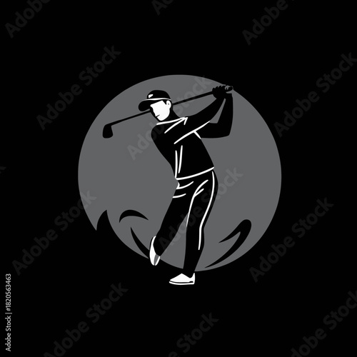 Stylized black and white illustration of a male golfer mid-swing with a golf club, set against a grey circular background.