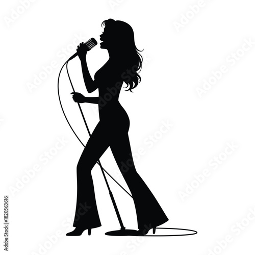 Silhouette of a female singer performing live with a microphone, capturing the essence of music and entertainment, isolated on