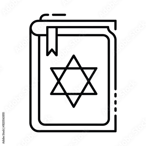 Outline icon of a sacred jewish book featuring the star of david on its cover, symbolizing religious tradition, faith, and spiritual learning for educational and cultural designs