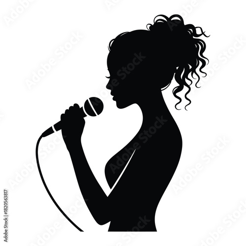 Silhouette of a female singer performing with a microphone, capturing the essence of music, vocal talent, and live performance, isolated on
