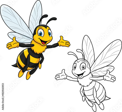 Friendly cartoon bee character flying with a welcoming smile shown in full color and as a black and white line art.