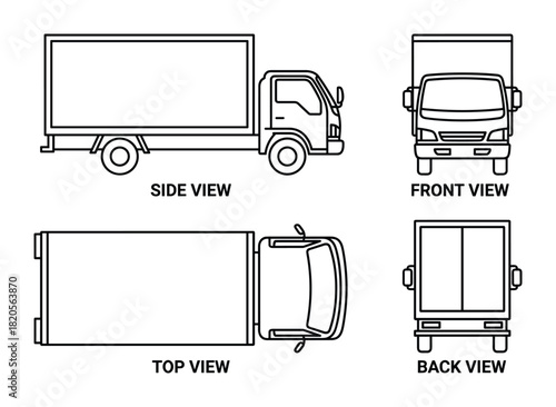 Outline box truck drawing, side, front, top, back perspectives, commercial transport vehicle blueprint