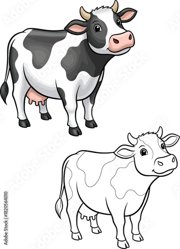 Friendly cartoon Holstein cow illustration in full color and as a black and white line art version for coloring.