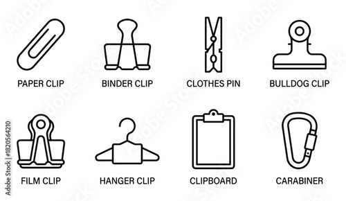 Outline icons for paper clip, binder clip, clothes pin, bulldog clip, film clip, hanger clip, clipboard, carabiner