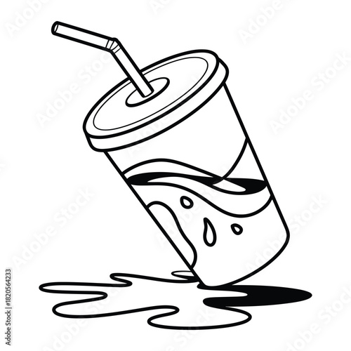 Line drawing of a spilled drink from a disposable cup with a straw, creating a puddle on a surface, in black and white, isolated on