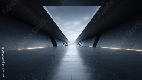 Fototapeta Naklejka Na Ścianę i Meble -  Futuristic interior tunnel architecture with open sky view modern design