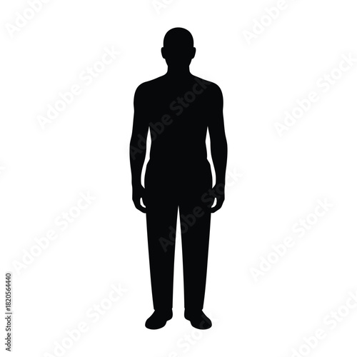 Full length black silhouette of a standing adult male figure, representing a generic person or an anonymous individual, isolated on