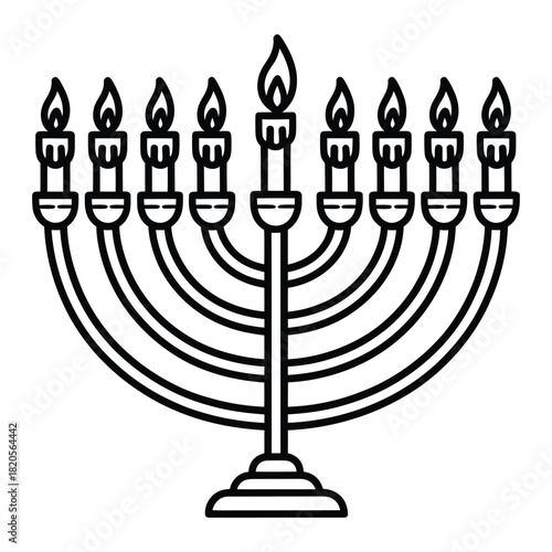 A black outline illustration of a menorah with nine lit candles, a traditional jewish symbol for the hanukkah festival of lights and celebration