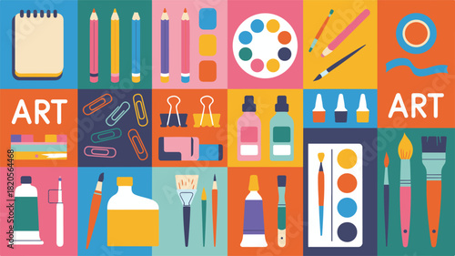 Colorful Grid of Art and Craft Supplies painting drawing